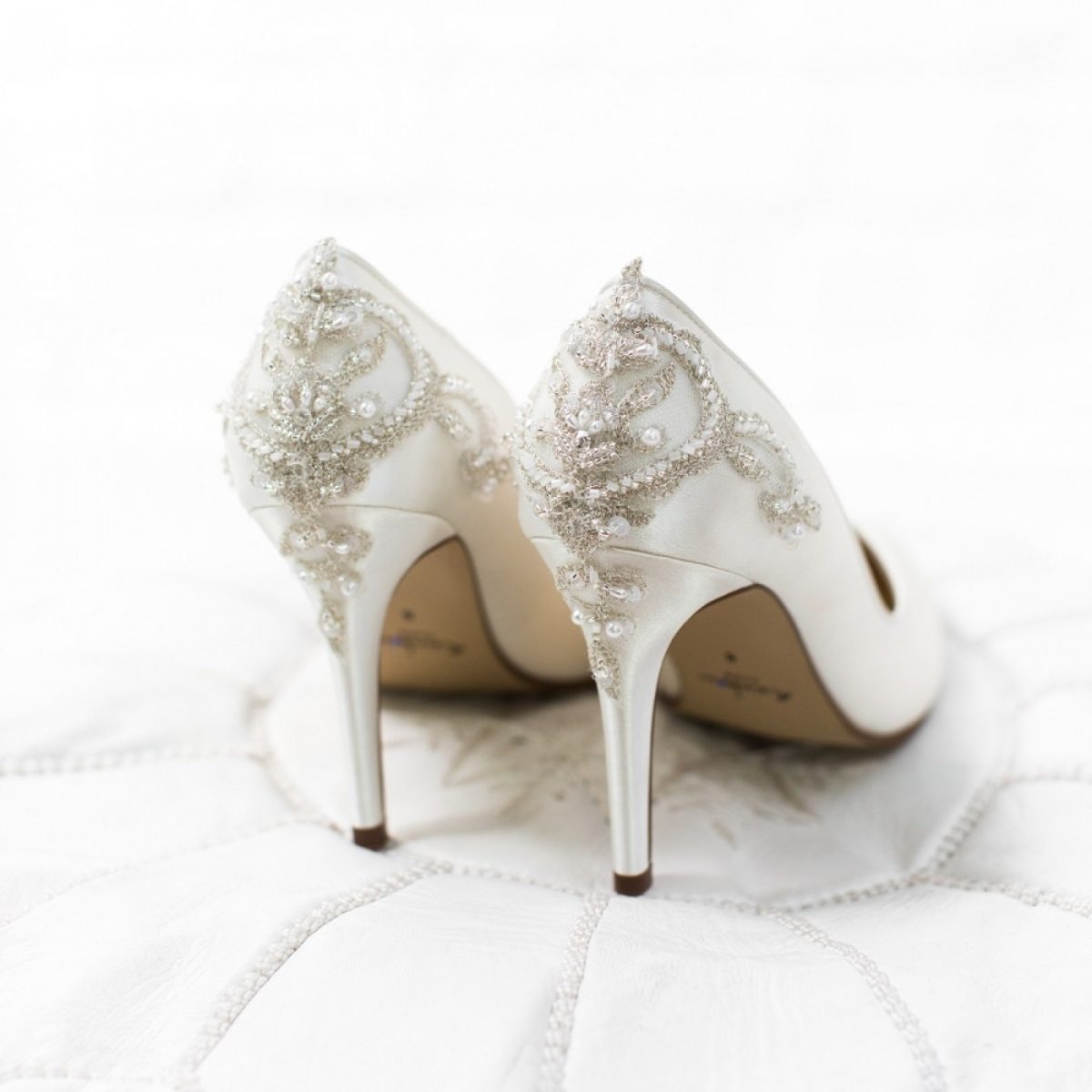 Rainbow Club Willow - Ivory Satin Embellished Heel Court Shoes