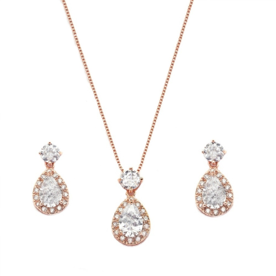 CZ Collection Dazzling Crystal Drop Necklace Set - Rose Gold